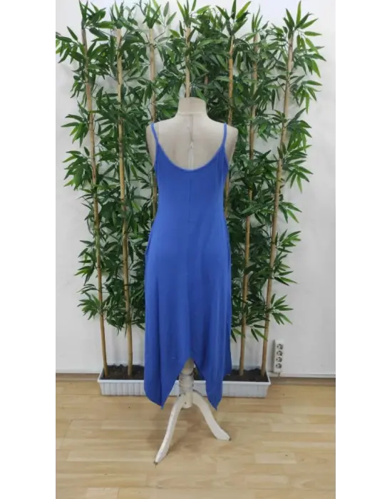 Kadın Askılı V Yakalı Cep Detaylı Asimetrik Kesim Viskon Elbise