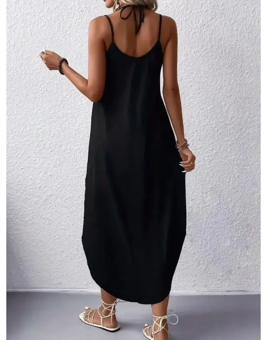 Omarı Etnik Desenli Uzun V Yaka Elbise