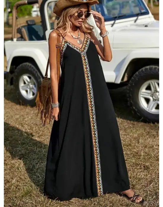 Kadın Askılı V Yakalı Etnik şerit Detaylı Uzun Viskon Elbise