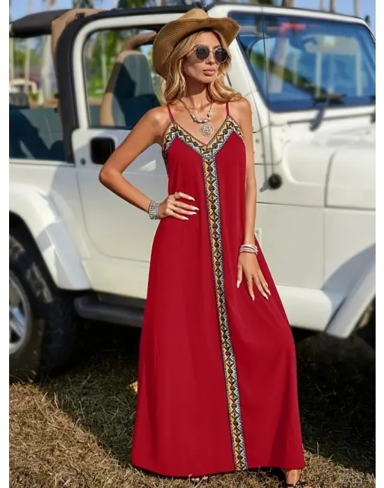 Kadın Askılı V Yakalı Etnik şerit Detaylı Uzun Viskon Elbise