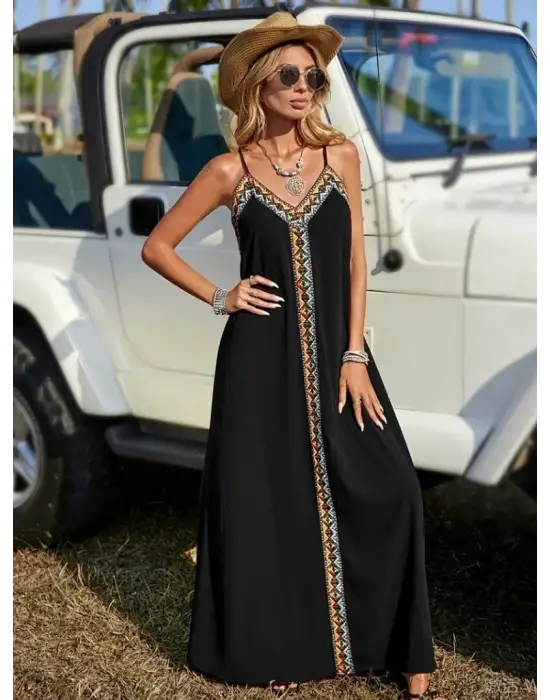 Kadın Askılı V Yakalı Etnik şerit Detaylı Uzun Viskon Elbise