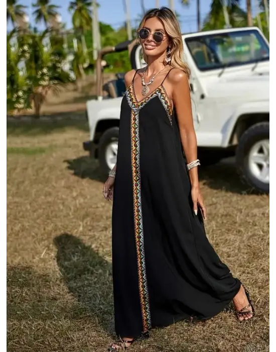 Kadın Askılı V Yakalı Etnik şerit Detaylı Uzun Viskon Elbise