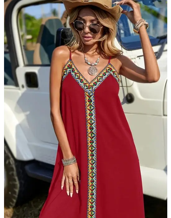 Kadın Askılı V Yakalı Etnik şerit Detaylı Uzun Viskon Elbise