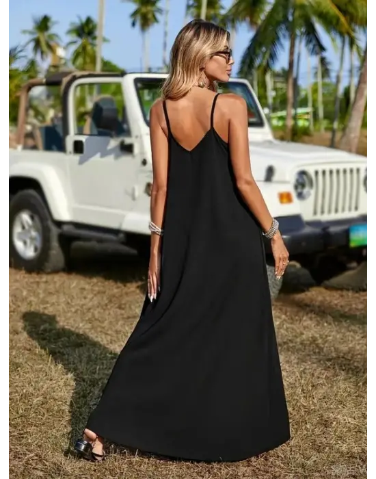 Kadın Askılı V Yakalı Etnik şerit Detaylı Uzun Viskon Elbise