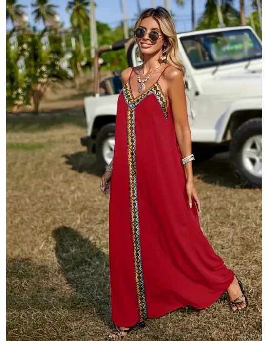 Kadın Askılı V Yakalı Etnik şerit Detaylı Uzun Viskon Elbise