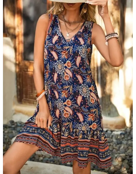 Kadın Askılı V Yakalı Fırfırlı Desenli Süprem Kısa Elbise