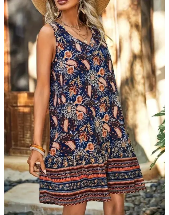 Kadın Askılı V Yakalı Fırfırlı Desenli Süprem Kısa Elbise