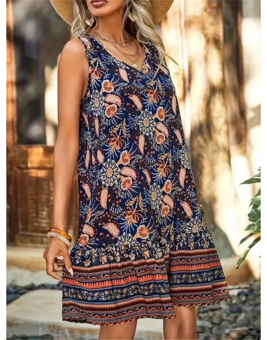 Omarı Fırfırlı Desenli V Yakalı Kadın Askılı Elbise