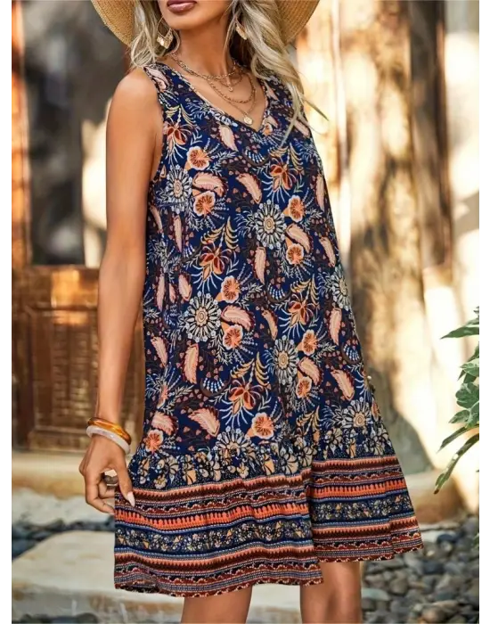 Kadın Askılı V Yakalı Fırfırlı Desenli Süprem Kısa Elbise