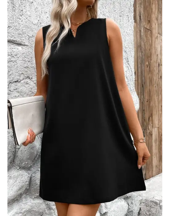 Kadın Askılı V Yakalı Geniş Kesim Detaylı Kısa Janjan Krep Elbise