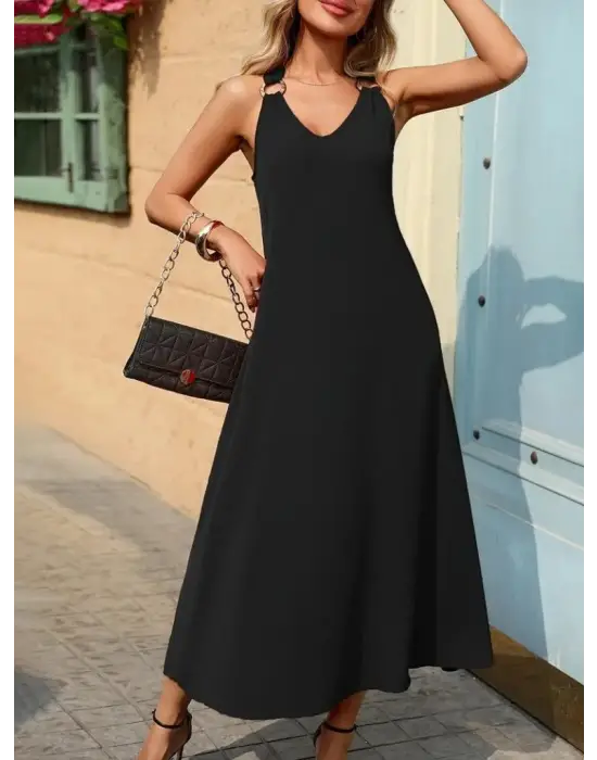 Kadın Askılı V Yakalı Halka Detaylı Maksi Boy Viskon Elbise