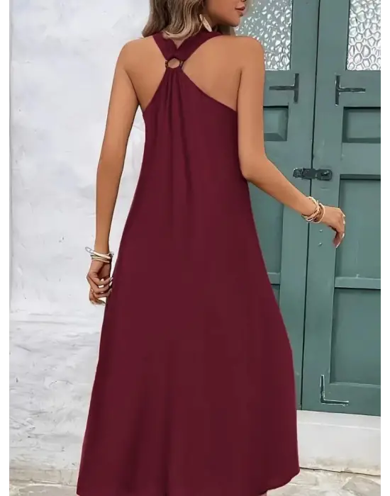 Kadın Askılı V Yakalı Halka Detaylı Maksi Boy Viskon Elbise