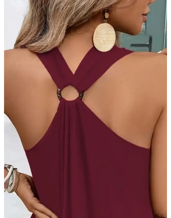 Kadın Askılı V Yakalı Halka Detaylı Maksi Boy Viskon Elbise