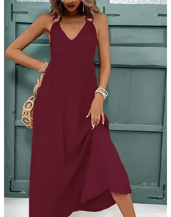 Kadın Askılı V Yakalı Halka Detaylı Maksi Boy Viskon Elbise