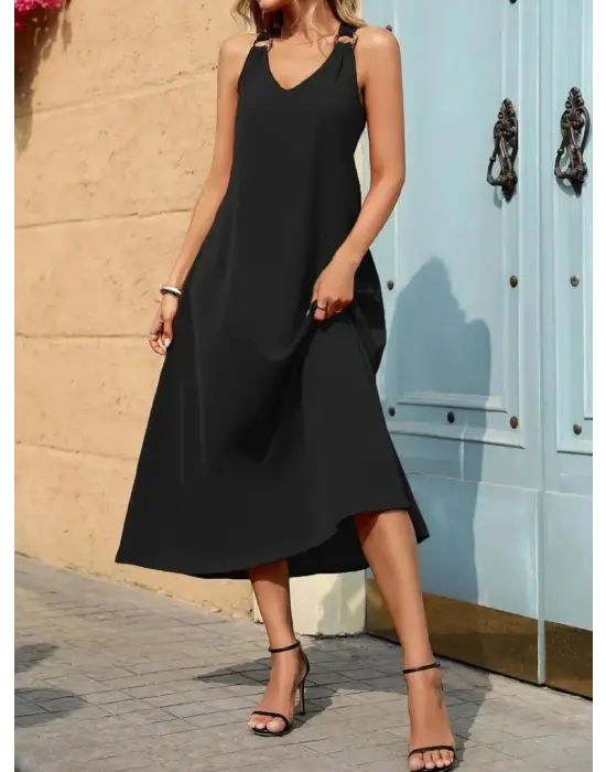 Kadın Askılı V Yakalı Halka Detaylı Maksi Boy Viskon Elbise