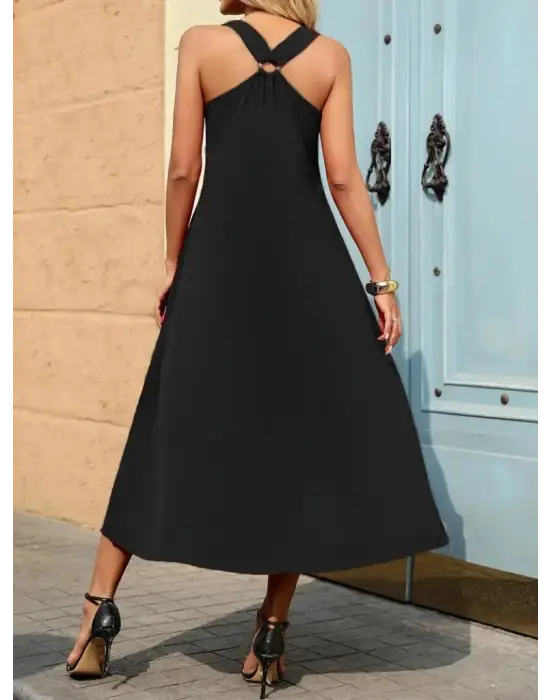 Kadın Askılı V Yakalı Halka Detaylı Maksi Boy Viskon Elbise