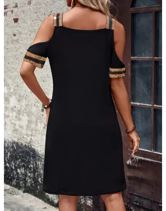 Kadın Askılı V Yakalı Omuzlardan Açık Kısa Viskon Elbise