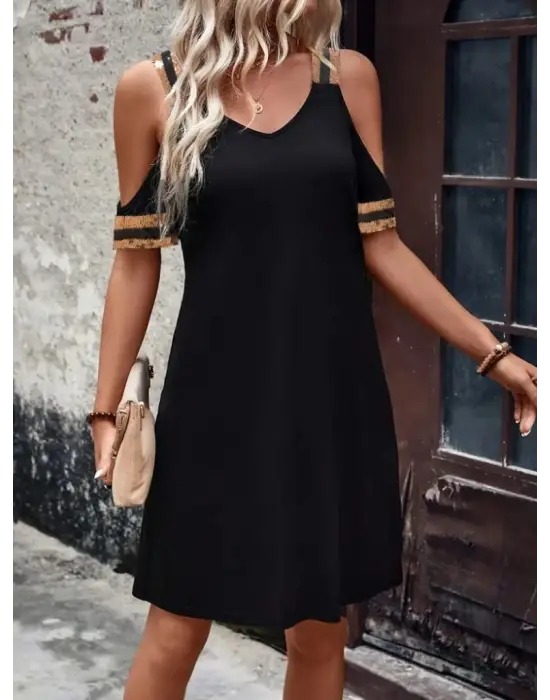 Kadın Askılı V Yakalı Omuzlardan Açık Kısa Viskon Elbise