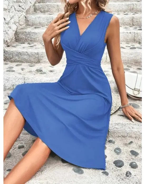 Kadın Askılı V Yakalı önde çapraz Detaylı Janjan Krep Elbise