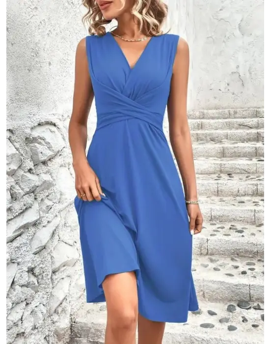 Kadın Askılı V Yakalı önde çapraz Detaylı Janjan Krep Elbise