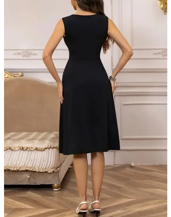 Kadın Askılı V Yakalı önde çapraz Detaylı Janjan Krep Elbise