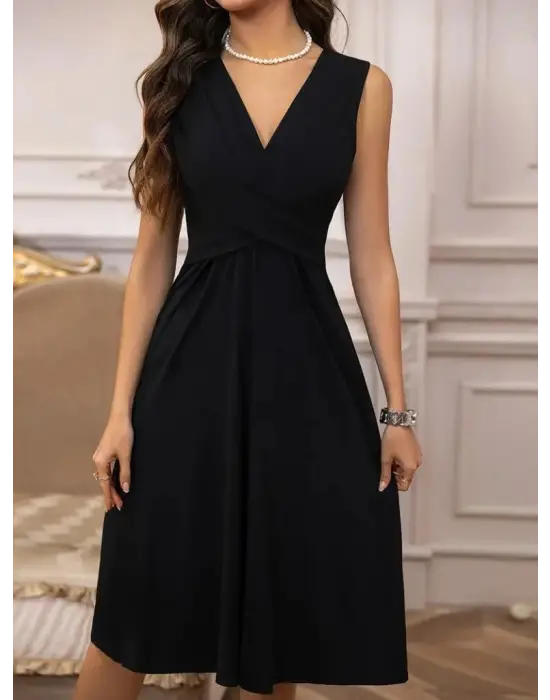 Kadın Askılı V Yakalı önde çapraz Detaylı Janjan Krep Elbise