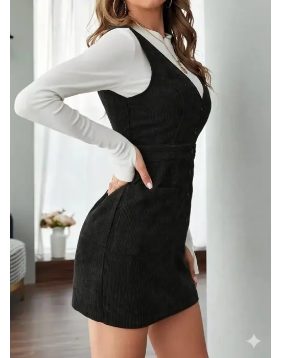 Kadın Askılı V Yakalı önden Düğmeli Mini Kalın Fitilli Kadife Elbise