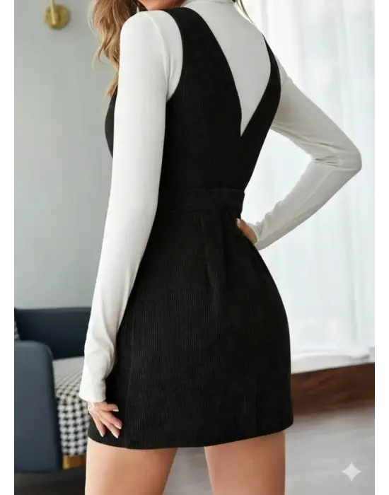 Kadın Askılı V Yakalı önden Düğmeli Mini Kalın Fitilli Kadife Elbise