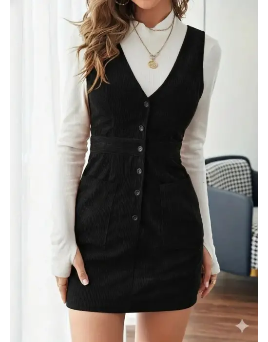 Kadın Askılı V Yakalı önden Düğmeli Mini Kalın Fitilli Kadife Elbise