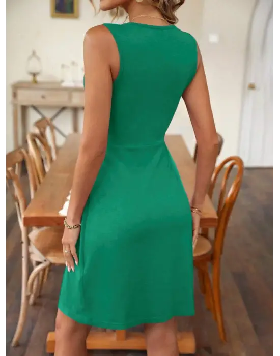 Kadın Askılı V Yakalı önü Düğüm Detaylı Viskon Elbise