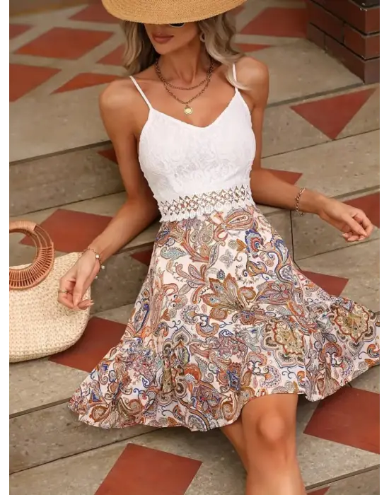 Kadın Askılı V Yakalı üst Dantel Alt Süprem Mini Elbise