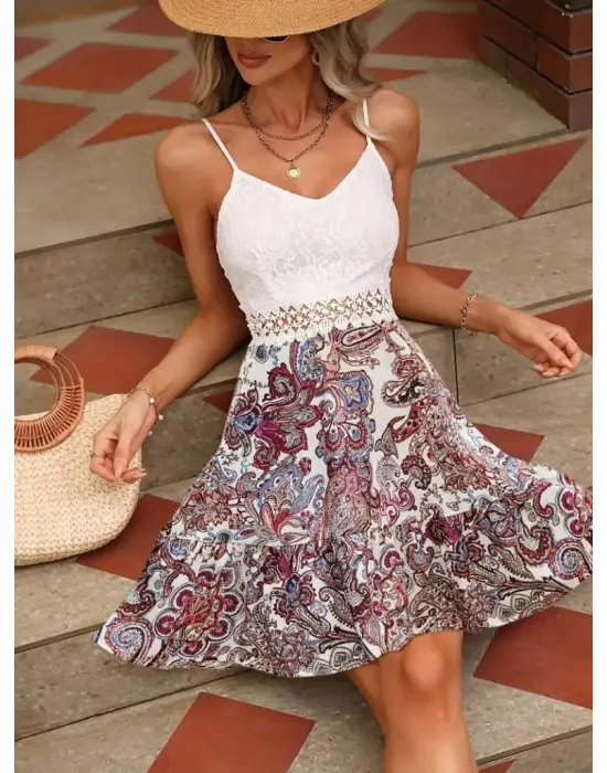 Kadın Askılı V Yakalı üst Dantel Alt Süprem Mini Elbise