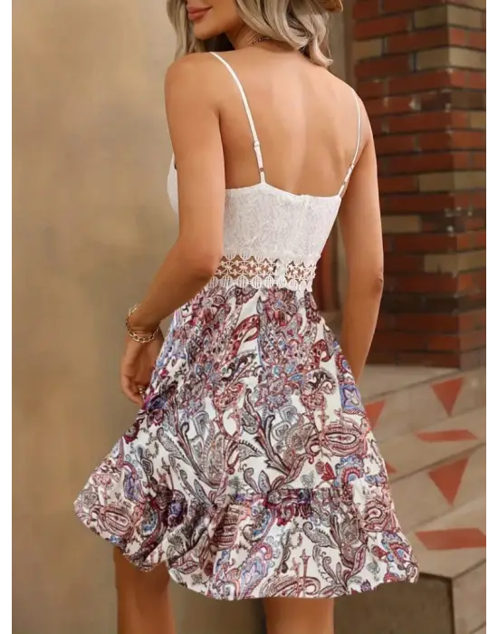 Kadın Askılı V Yakalı üst Dantel Alt Süprem Mini Elbise