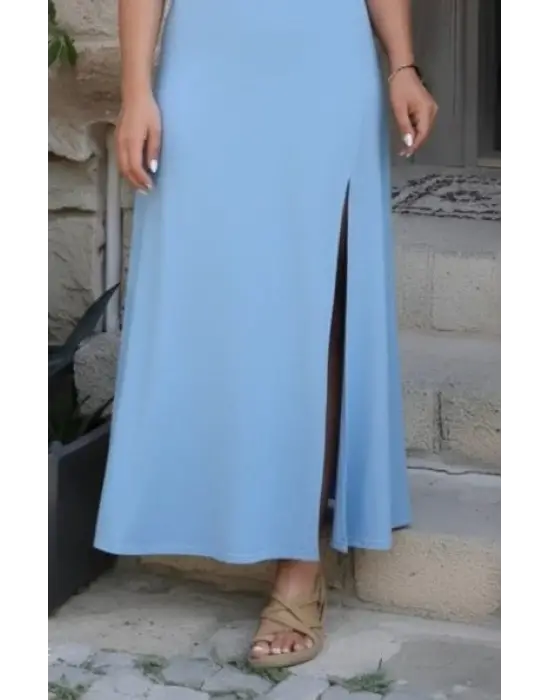 Kadın Askılı V Yakalı Yırtmaçlı Uzun Viskon Elbise