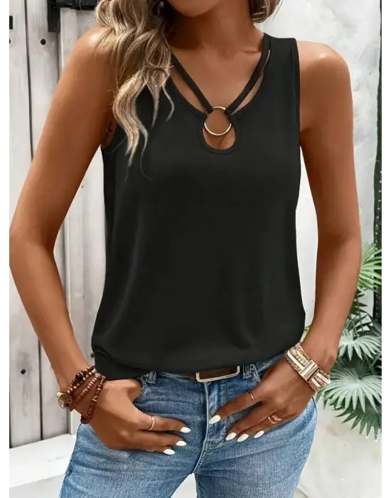 Kadın Askılı Yaka şerit Halka Detaylı Viskon Bluz