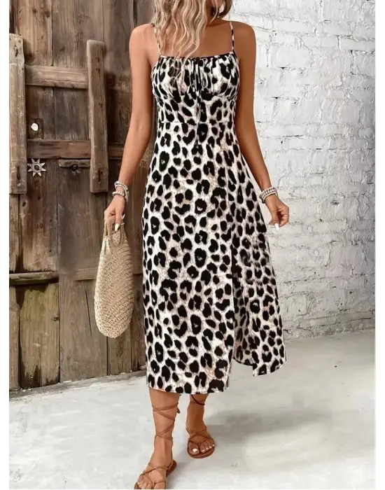 Kadın Askılı Yakadan Bağcıklı Yırtmaçlı Leopar Desenli Midi Süprem Elbise
