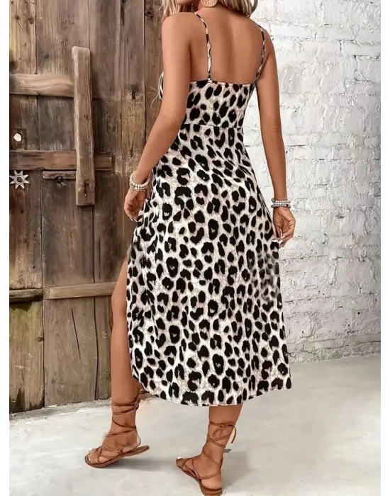 Kadın Askılı Yakadan Bağcıklı Yırtmaçlı Leopar Desenli Midi Süprem Elbise