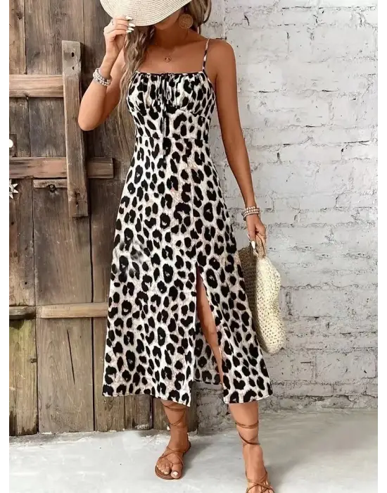 Omarı Leopar Desenli Askılı Midi Elbise