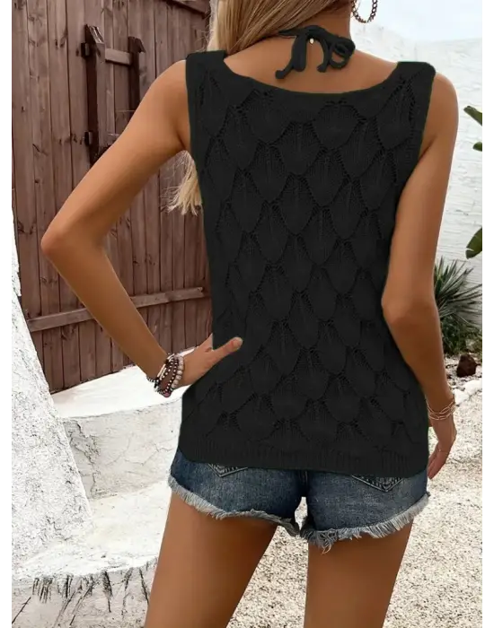 Omarı Yazın Şıklığına Uygun Desenli Askılı Triko Bluz