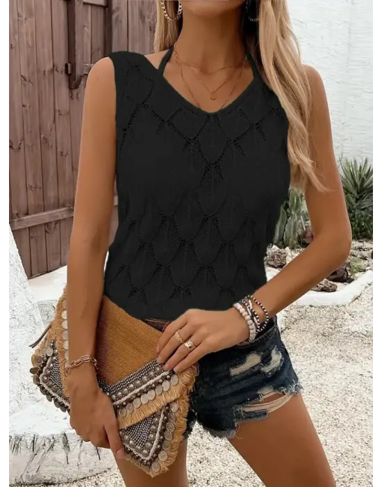 Omarı Yazın Şıklığına Uygun Desenli Askılı Triko Bluz