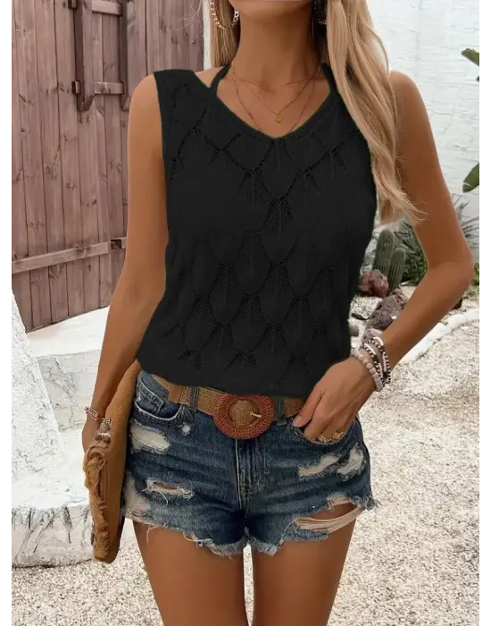 Omarı Yazın Şıklığına Uygun Desenli Askılı Triko Bluz