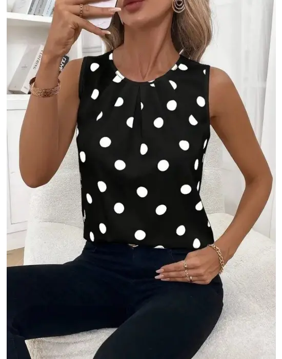 Kadın Askılı Yakası Büzgülü Puantiyeli Atlas Bluz