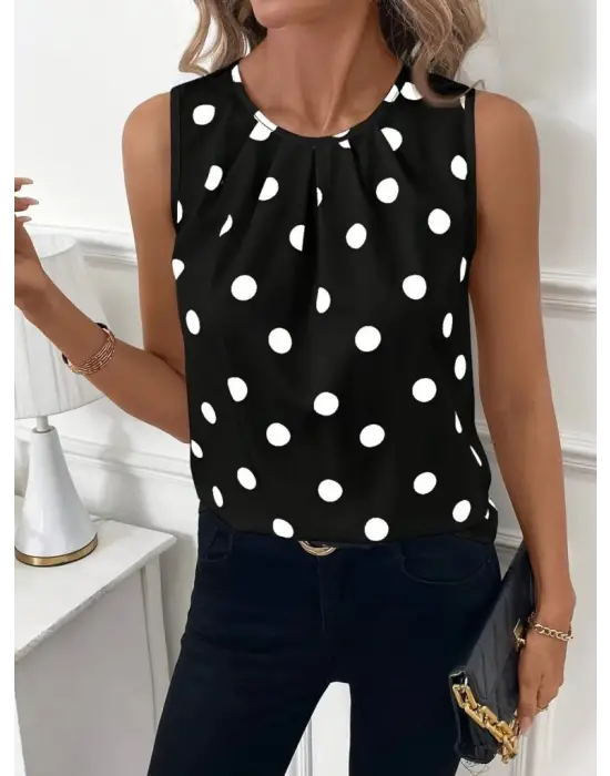 Kadın Askılı Yakası Büzgülü Puantiyeli Atlas Bluz