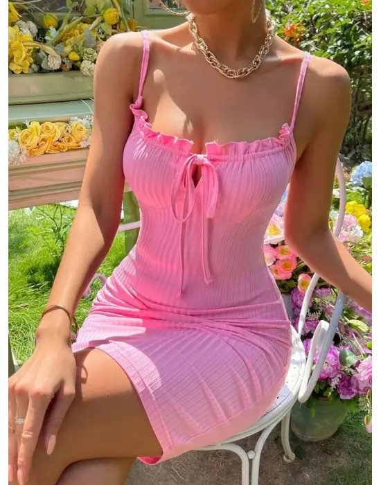 Kadın Askılı Yakası Fırfır Ve Bağlama Detay Kaşkorse Elbise