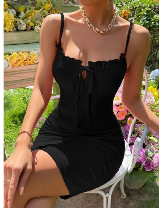 Kadın Askılı Yakası Fırfır Ve Bağlama Detay Kaşkorse Elbise