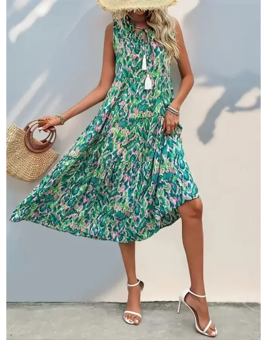 Kadın Askılı Yakası Fırfırlı Bağcıklı Desenli Uzun Süprem Elbise