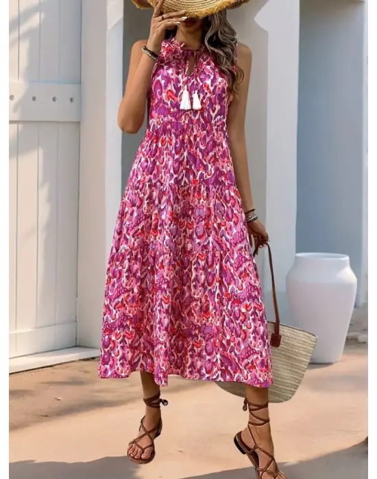 Kadın Askılı Yakası Fırfırlı Bağcıklı Desenli Uzun Süprem Elbise