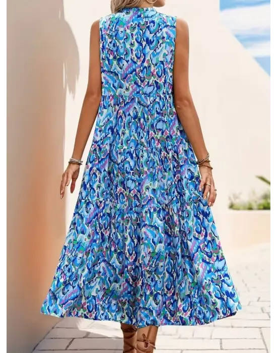 Kadın Askılı Yakası Fırfırlı Bağcıklı Desenli Uzun Süprem Elbise