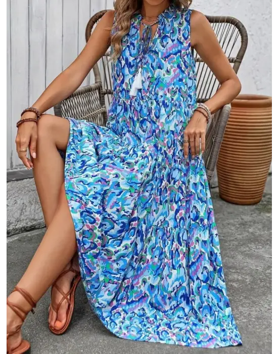 Kadın Askılı Yakası Fırfırlı Bağcıklı Desenli Uzun Süprem Elbise