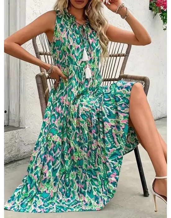 Kadın Askılı Yakası Fırfırlı Bağcıklı Desenli Uzun Süprem Elbise